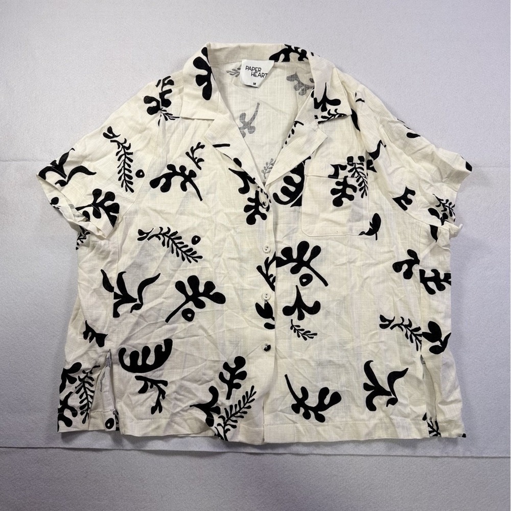 Paper Heart Women's Medium Cream Black Floral Cropped Polo Shirt Oversized Linen